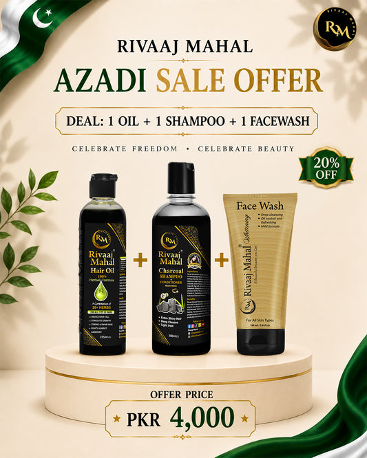 Rivaaj Mahal Hair Oil + Charcoal Shampoo + Face Wash Combo – Azadi Sale Deal